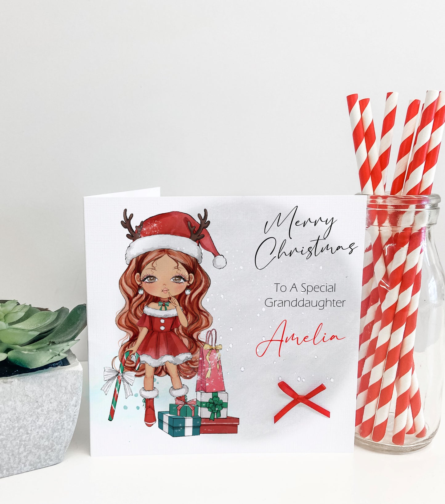 Personalised Christmas Card Girl Reindeer
