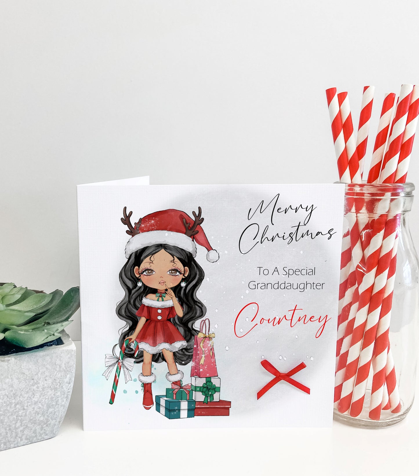 Personalised Christmas Card Girl Reindeer