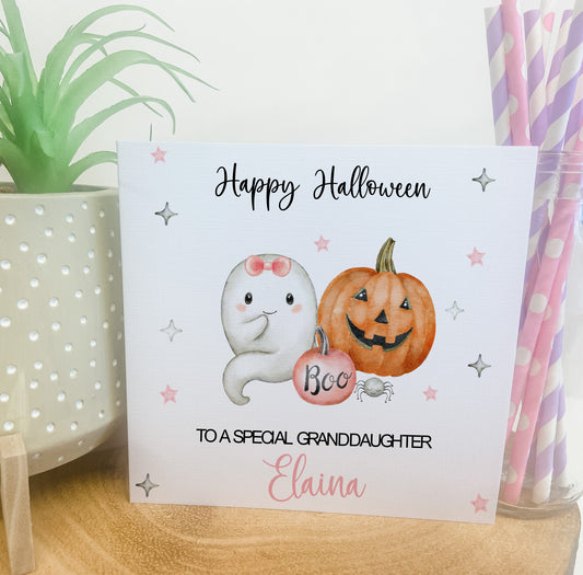 Personalised Halloween Card Girl Ghost Pink Pumpkin