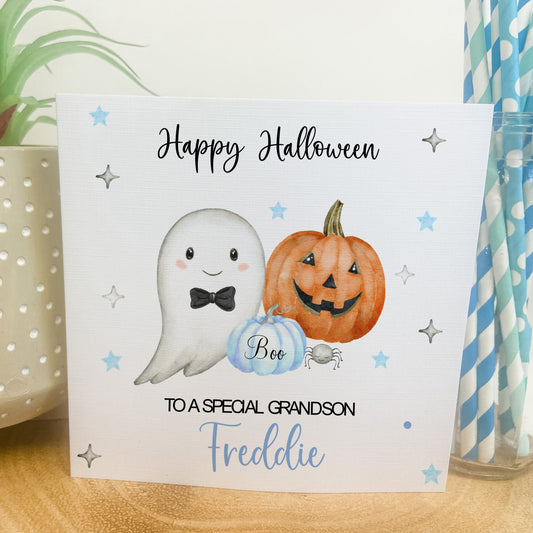 Personalised Halloween Card Boy Ghost Blue Pumpkin