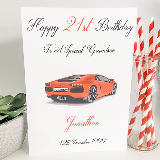 Personalised Birthday Card Sports Car Male Son Dad Brother Grandson