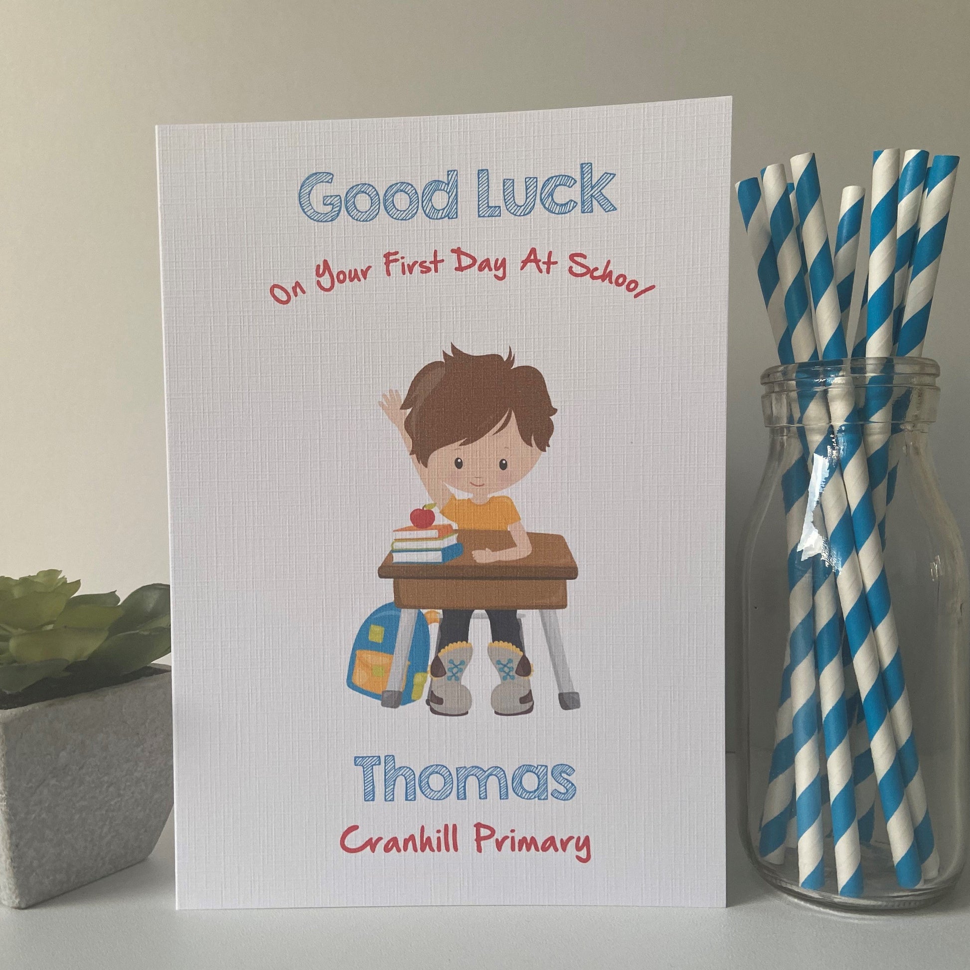 Personalised Boys Good Luck First Day At School Card