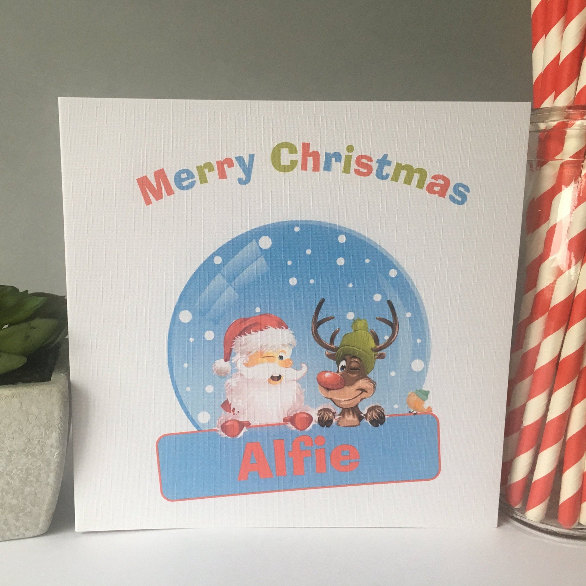 Personalised Christmas Card Santa Reindeer Snow Globe