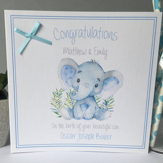 Handmade Personalised Congratulations New Baby Boy Card Elephant