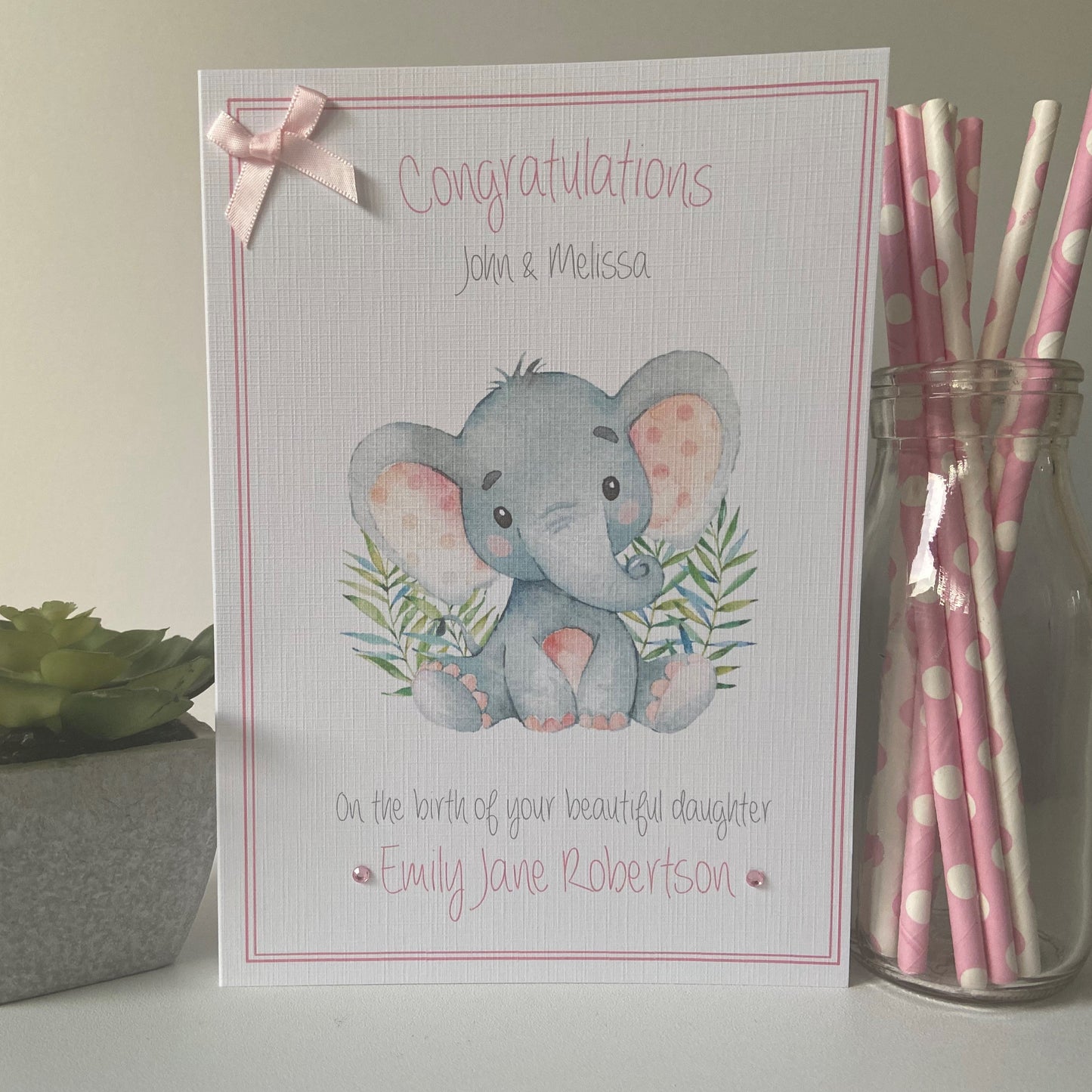 Handmade Personalised Congratulations New Baby Girl Card Elephant