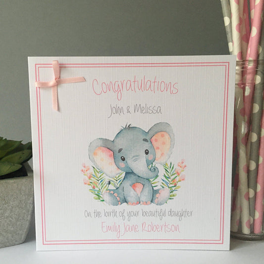 Handmade Personalised Congratulations New Baby Girl Card Elephant