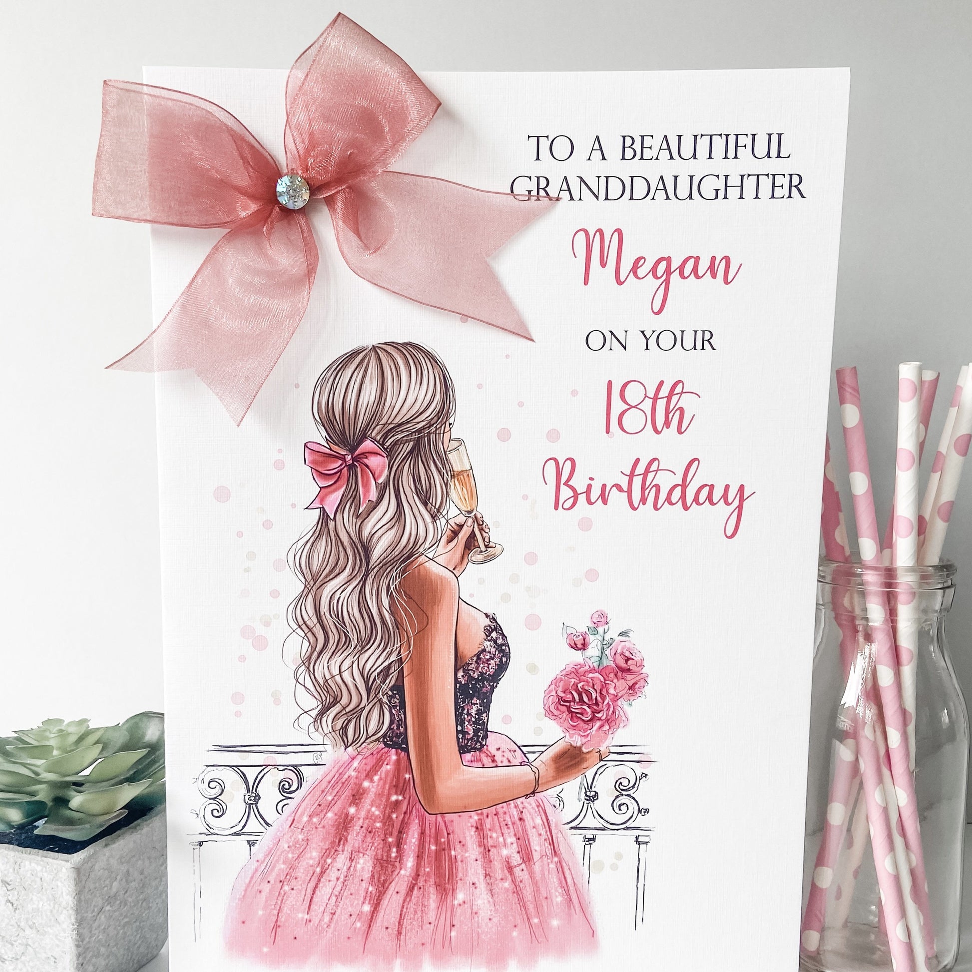 Personalsied Handmade Girls Birthday Card Girl Pink Dress 18TH 21ST 30TH 40TH FEMALE luxury A4