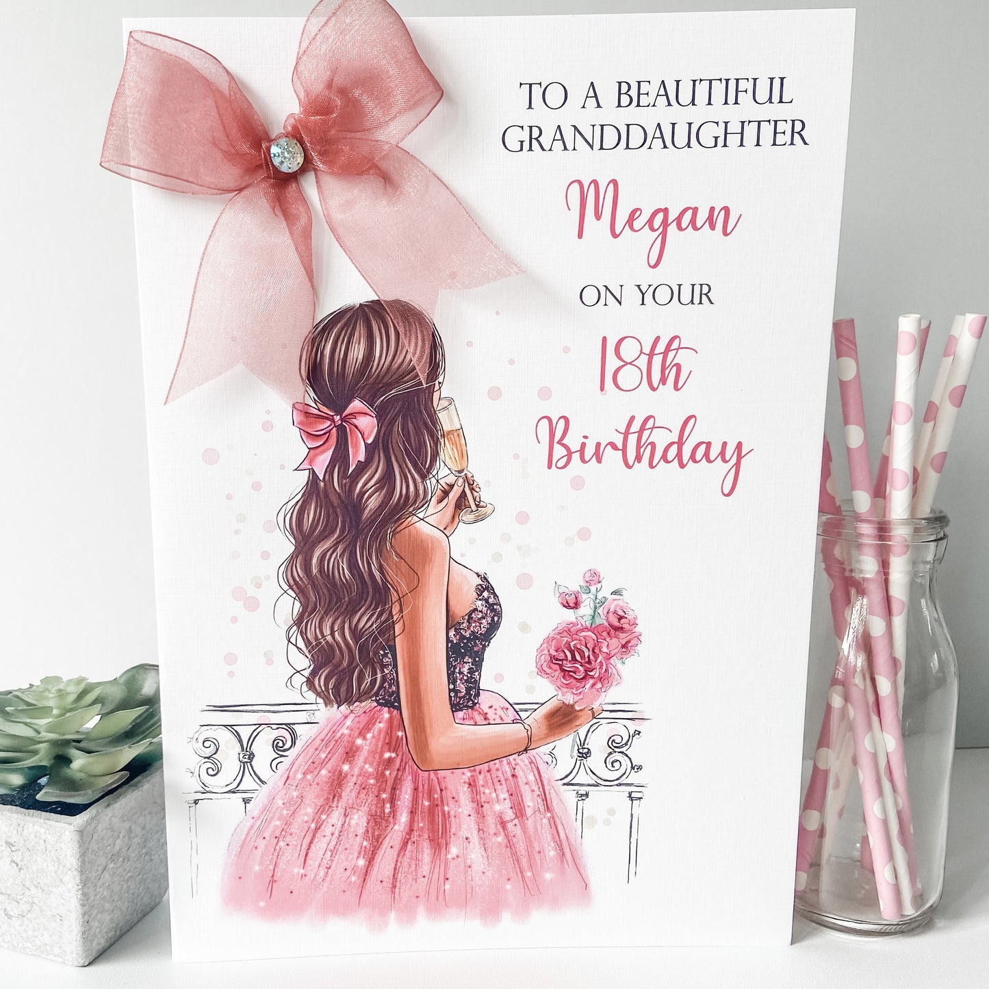 Personalsied Handmade Girls Birthday Card Girl Pink Dress 18TH 21ST 30TH 40TH FEMALE luxury A4