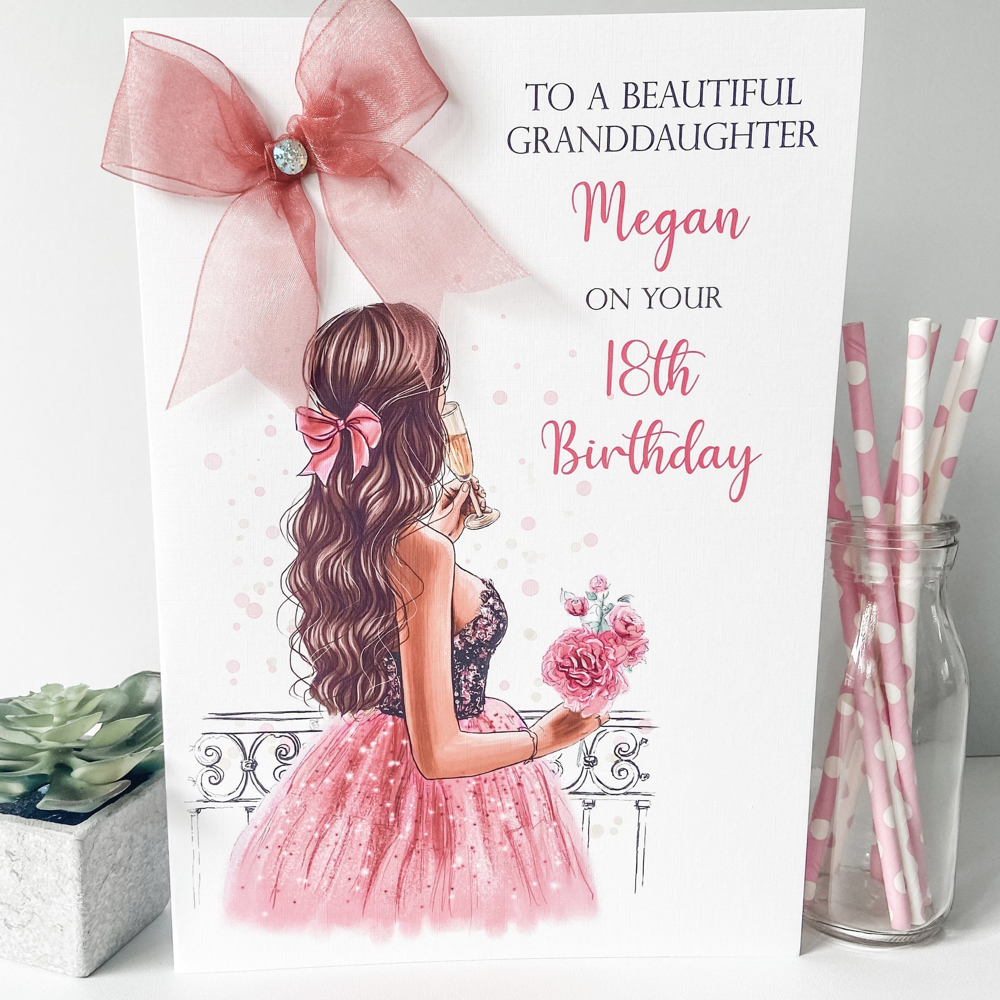 Personalsied Handmade Girls Birthday Card Girl Pink Dress 18TH 21ST 30TH 40TH FEMALE luxury A4