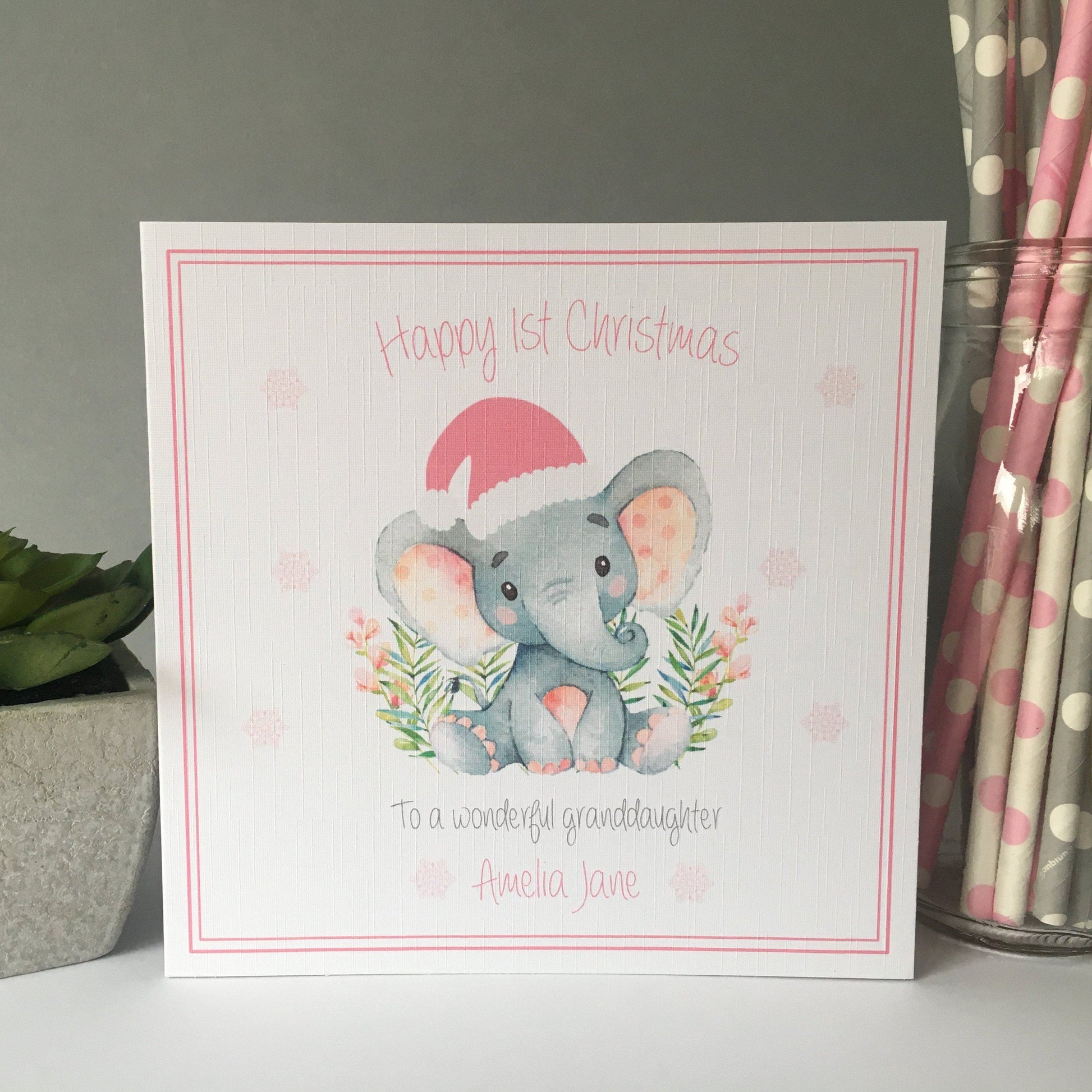 Personalised Handmade Christmas Card Girl Watercolour Elephant