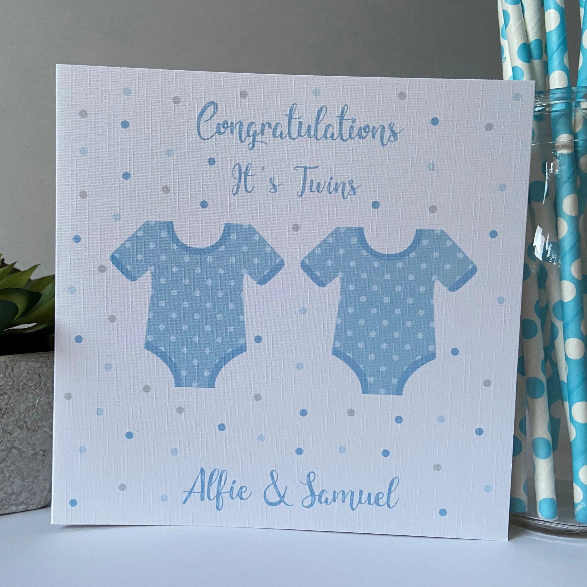 Personalised Congratulations New Baby Card Twins Boys Babygrow