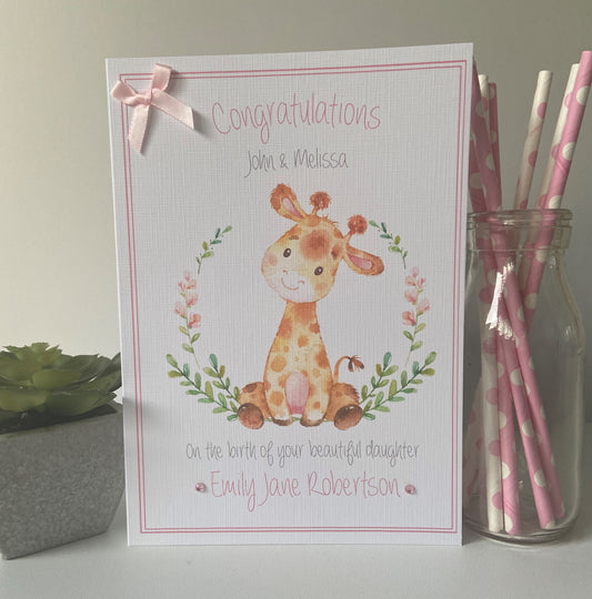 Personalised Handmade Congratulations New Baby Girl Card Watercolour Giraffe