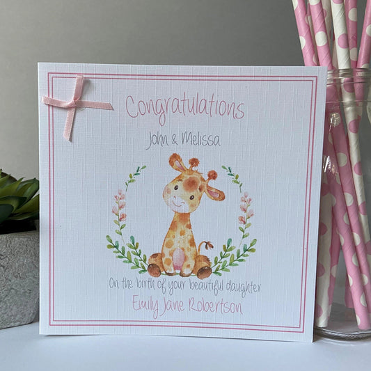 Personalised Handmade New Baby Girl Card Watercolour Giraffe 