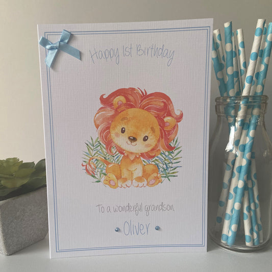 Personalised Handmade Boys Birthday Card Watercolour Lion 1st birthday 2nd birthday boy grandson son nephew