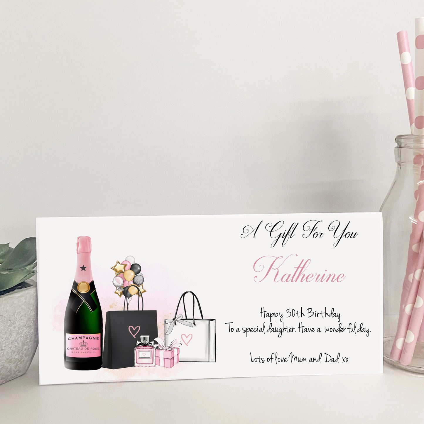 Personalised Female Birthday Card Shopping Champagne Balloons