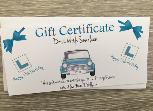 Personalised Driving Lessons Gift Certificate Wallet Birthday Card