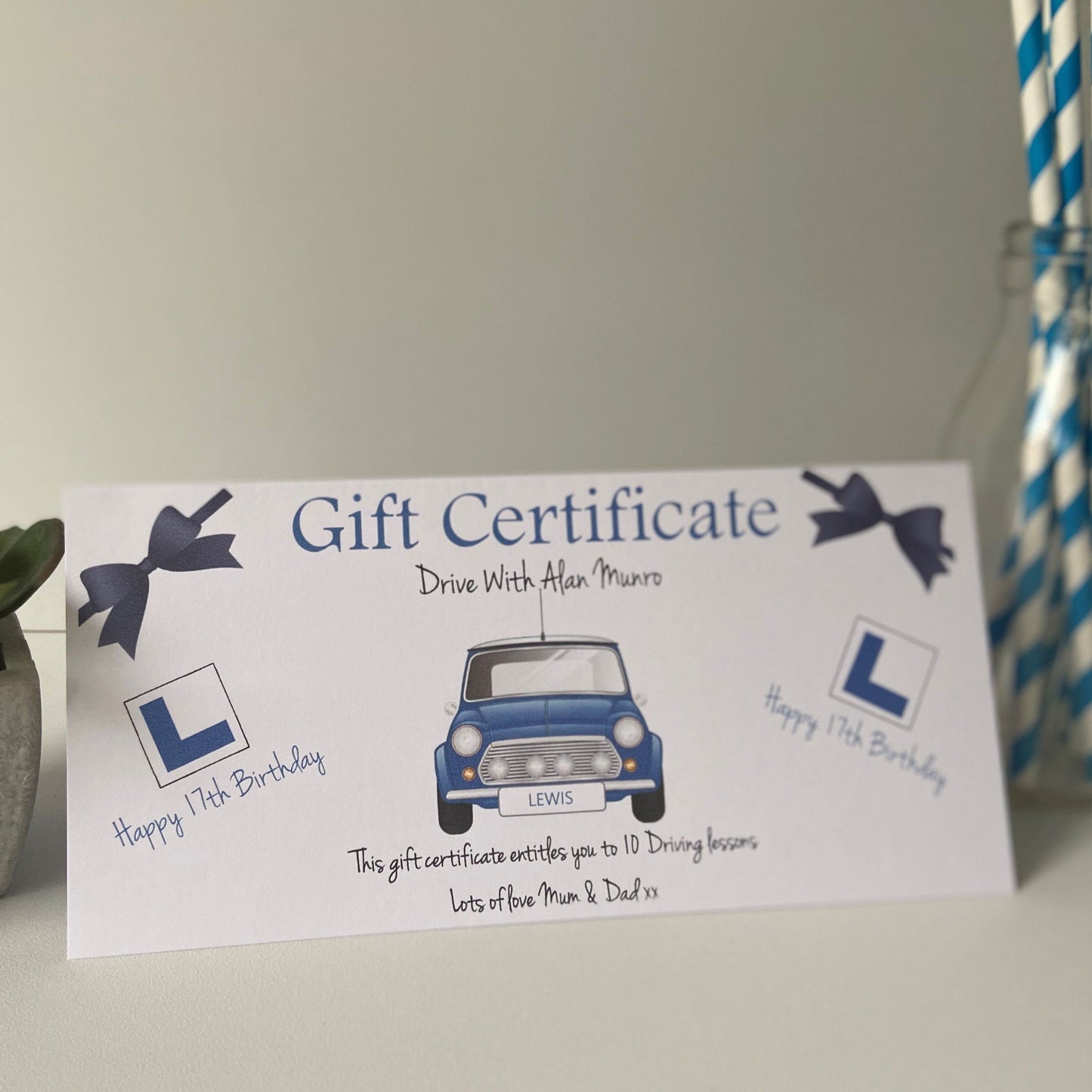 Personalised Driving Lessons Gift Certificate Wallet Birthday Card