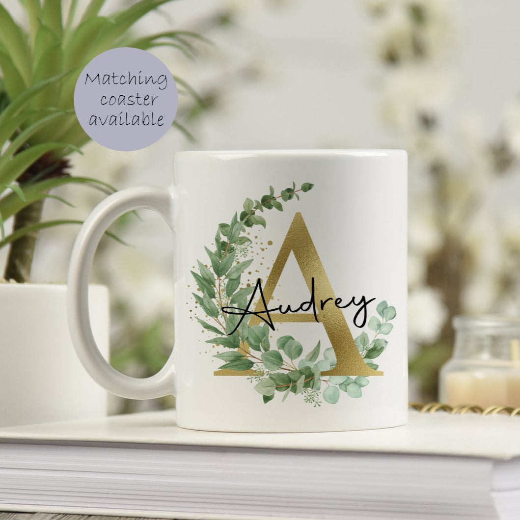 Personalised Mug Gold Floral Initial birthday gift, bridesmaid gift, gift for mum