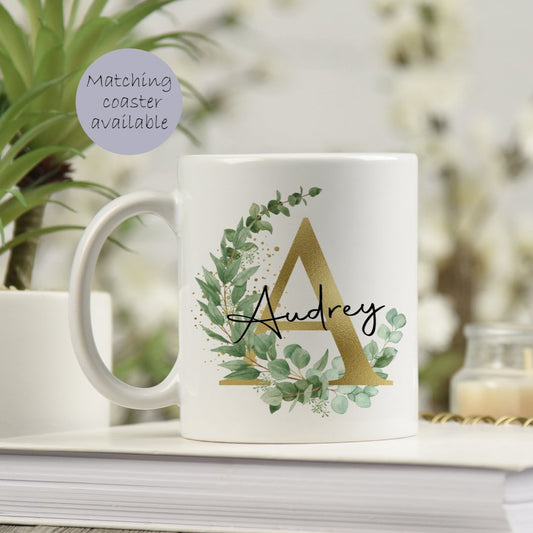 Personalised Mug Gold Floral Initial birthday gift, bridesmaid gift, gift for mum