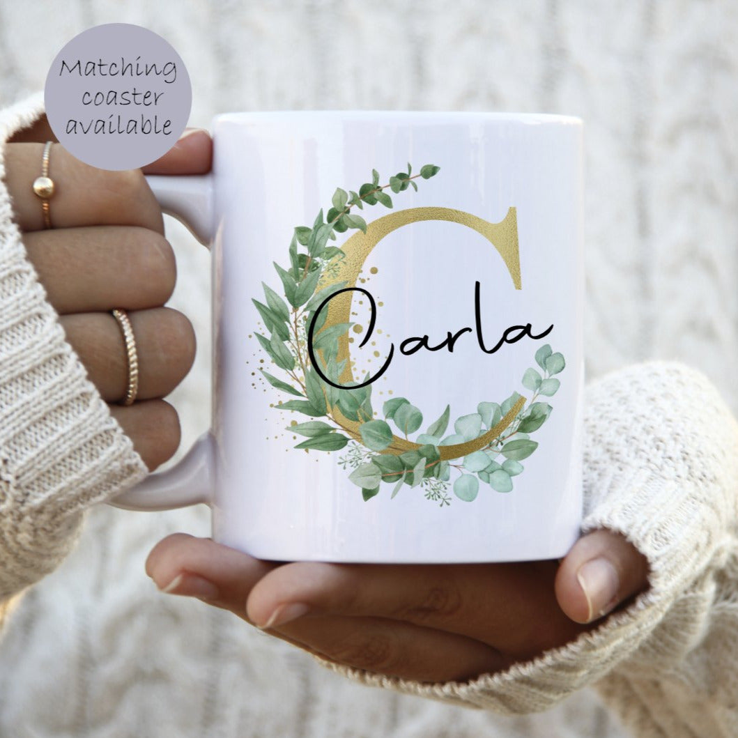 Personalised Mug Gold Floral Initial birthday gift, bridesmaid gift, gift for mum