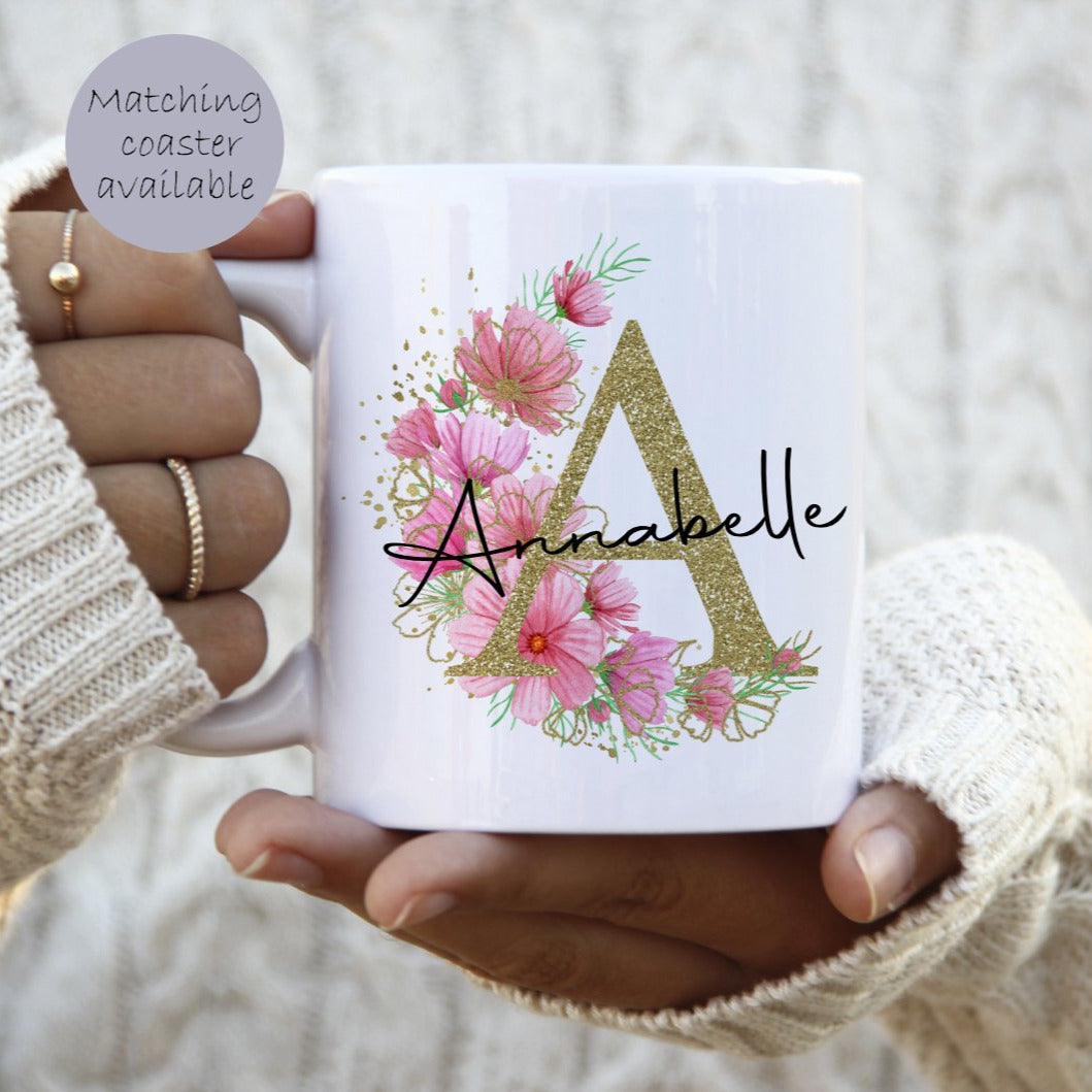 Personalised Mug Gold & Pink Floral Initial Gift for her, gift for mum, gift for gran