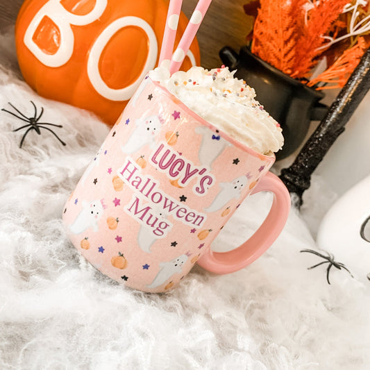 Personalised Halloween Ceramic Mug Pink Ghost