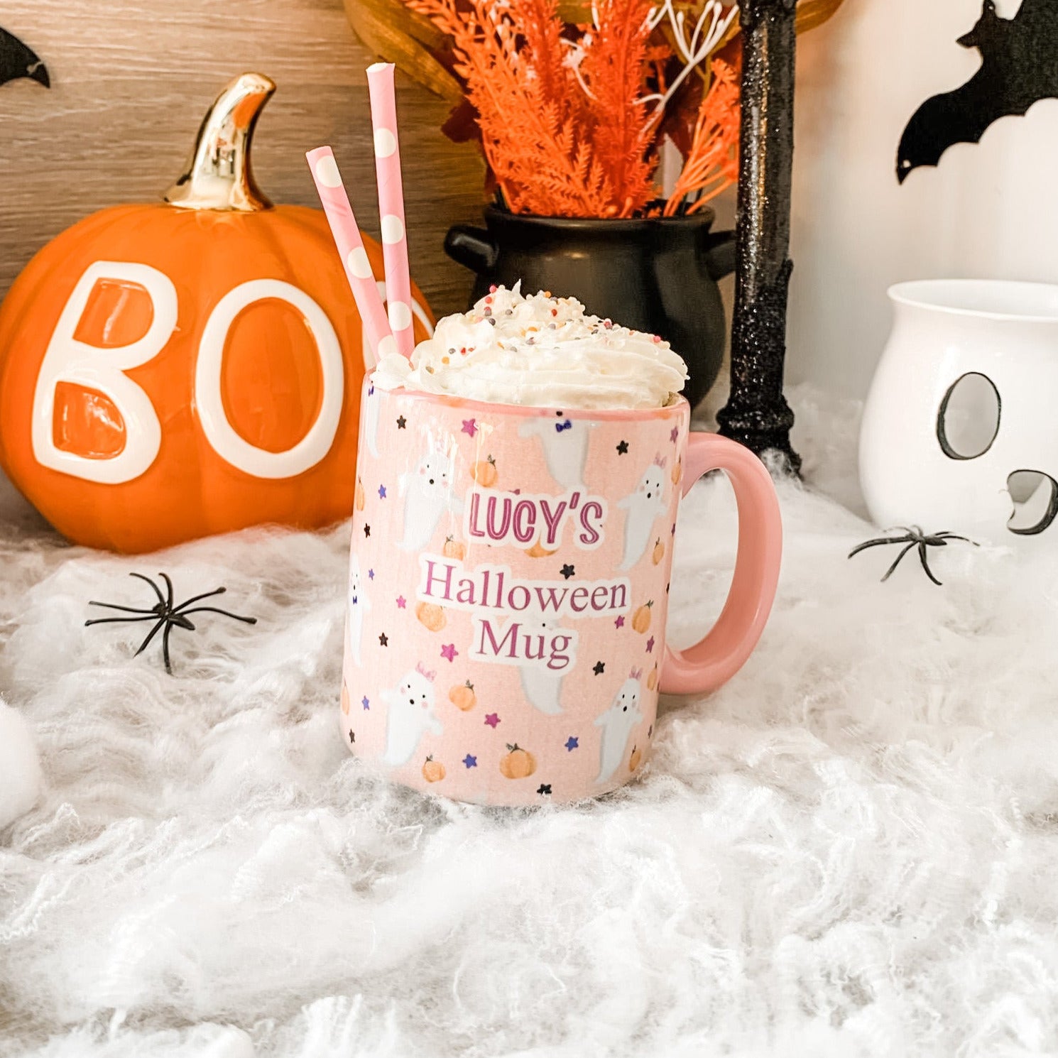 Personalised Halloween Ceramic Mug Pink Ghost