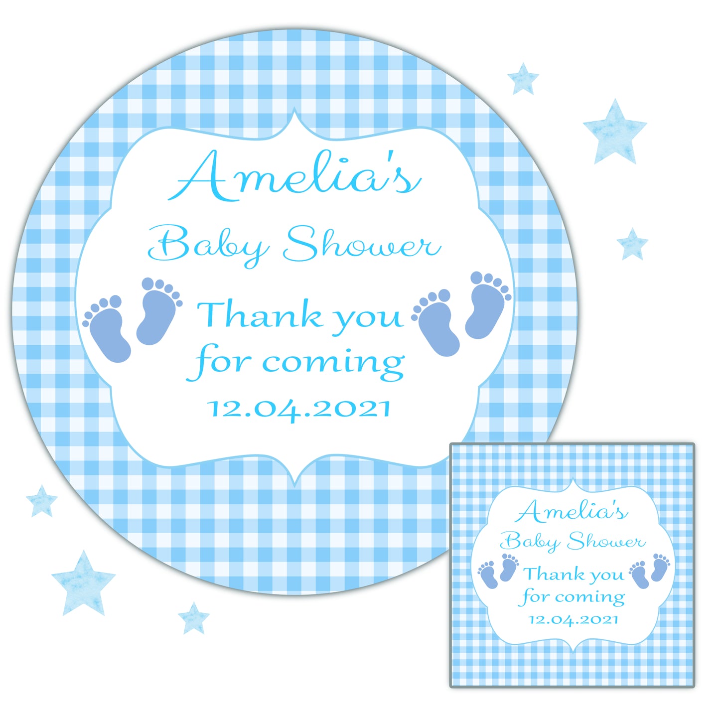 Personalised Baby Shower Stickers Blue Gingham Baby Feet