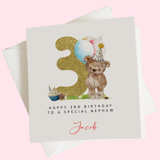 a birthday card with a teddy bear and a birthday hat