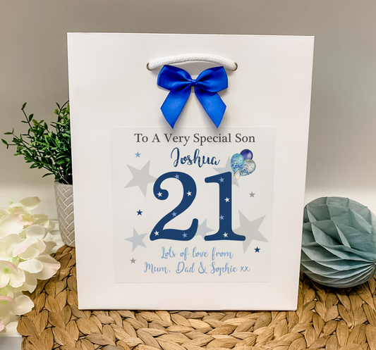 Personalised Birthday Gift Bag Blue Grey Stars