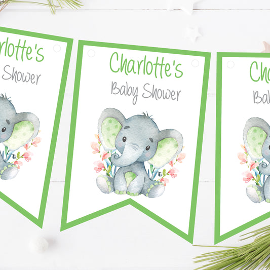 Personalised Baby Shower Bunting Flags Watercolour Elephant Green