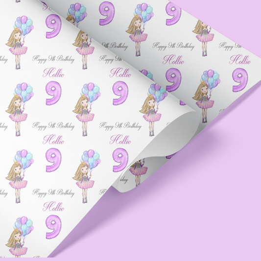 a purple and white birthday wrapping paper with a cartoon girl holding balloons