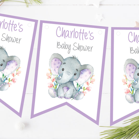 Personalised Baby Shower Bunting Flags Watercolour Elephant Lilac