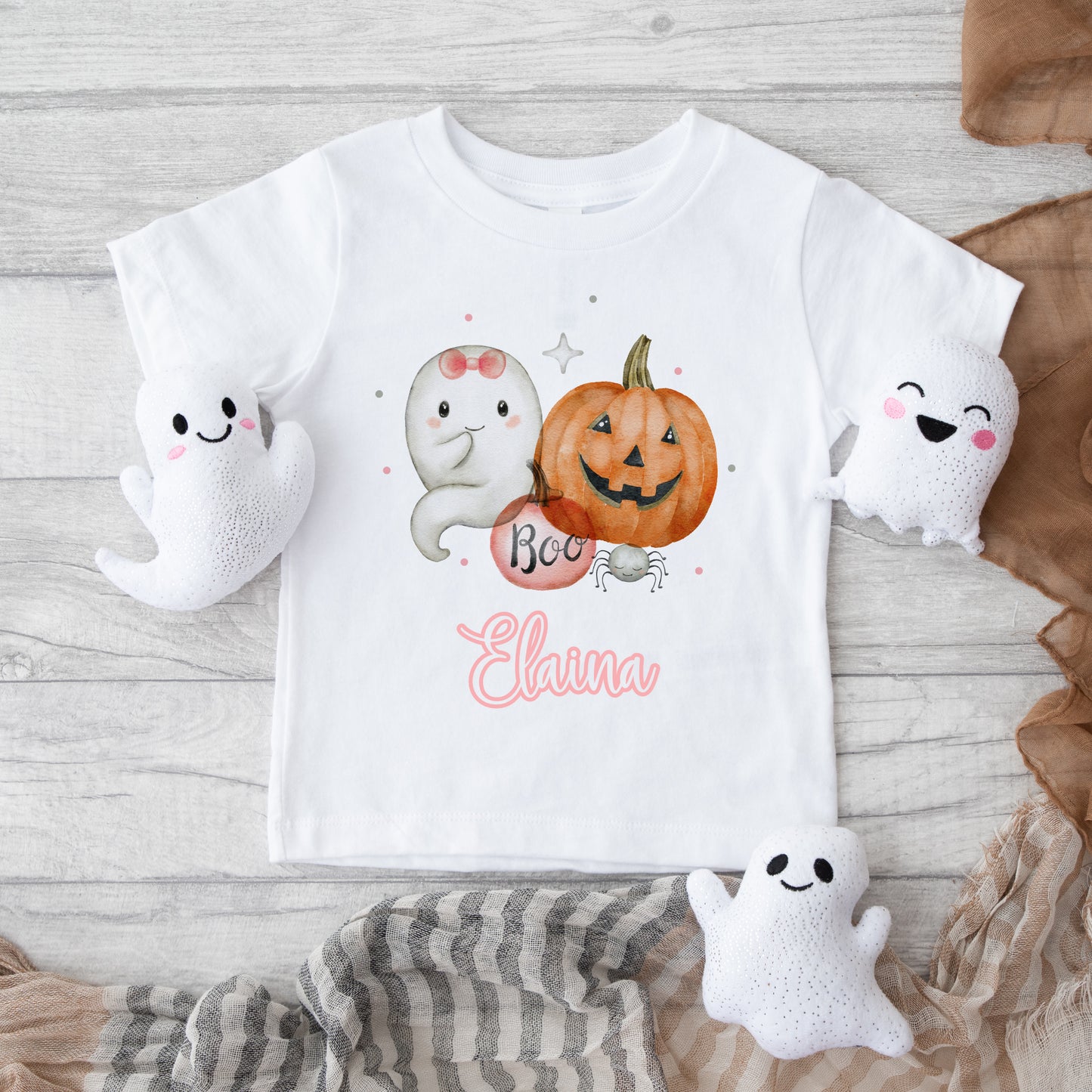 Personalised Custom Halloween T Shirt, Halloween Gift, Halloween Outfit, Cute Ghost Pumpkin Pink Blue