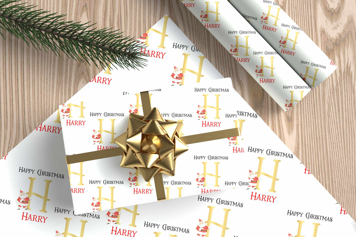 Personalised Christmas Wrapping Paper Santa Claus Gold Initial