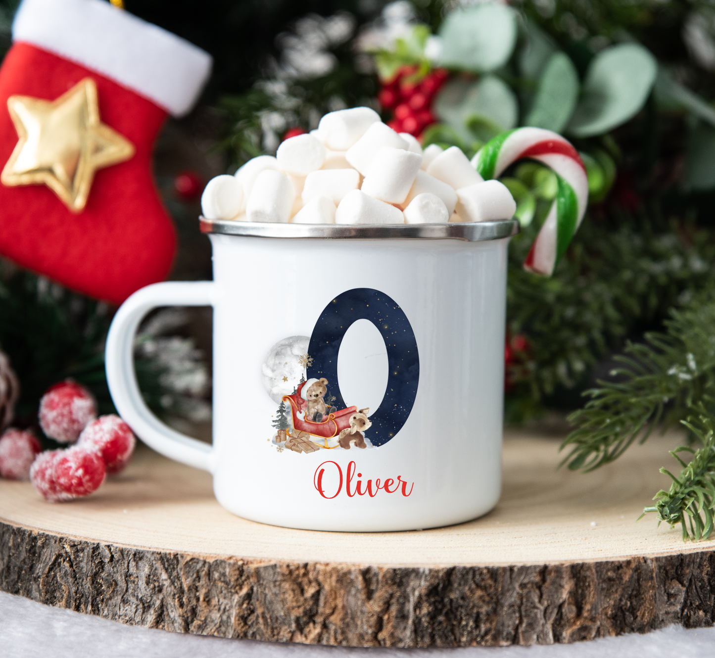 Personalised Christmas Mug, Stocking Filler, Christmas Eve Box, Hot Chocolate Mug, Sleigh Bear Initial