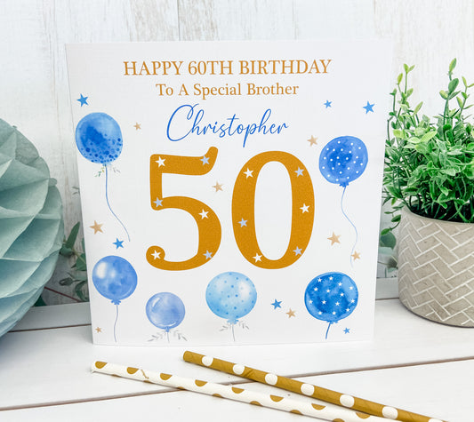 Personalised Male Birthday Card Balloons Gold & Blue