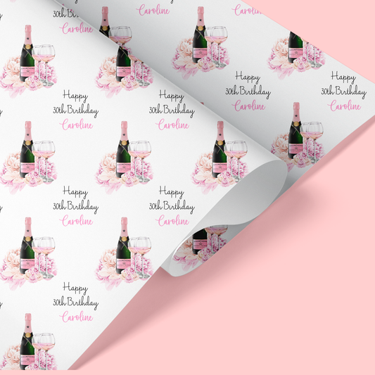 Personalised Birthday Wrapping Paper Pink Floral Champagne