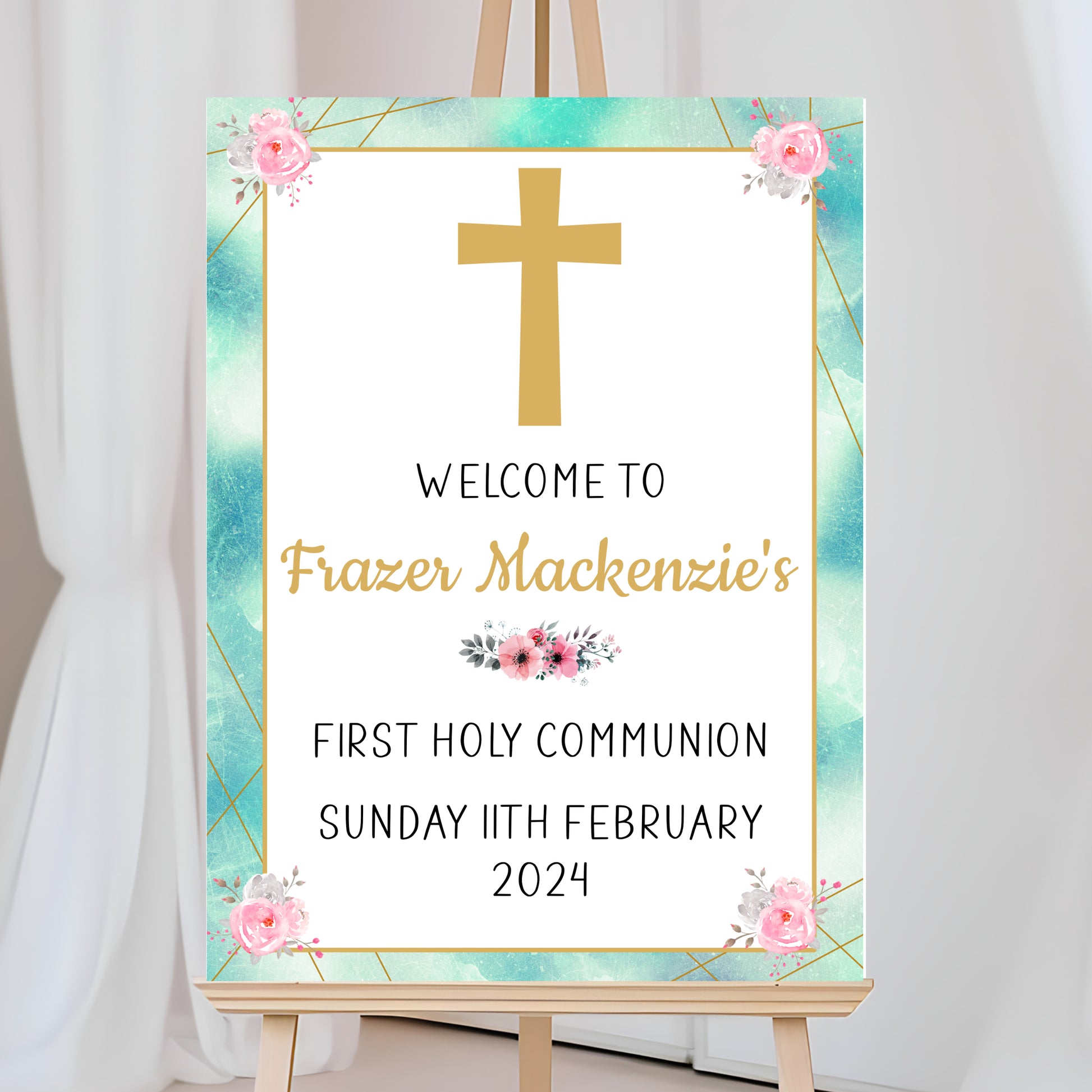 a sign with a cross and flowers on it