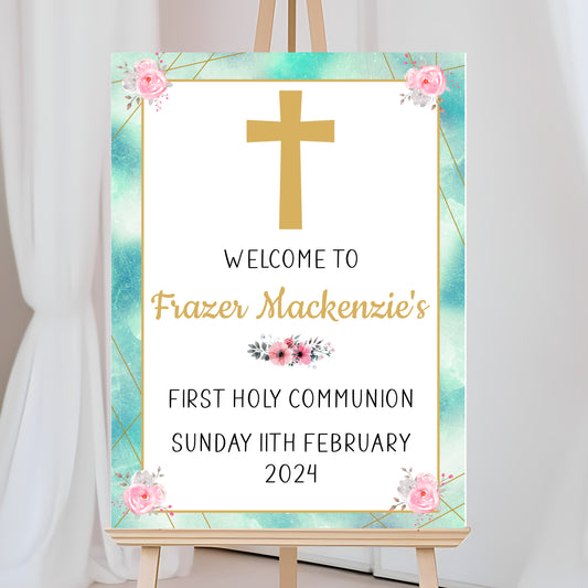 a sign with a cross and flowers on it