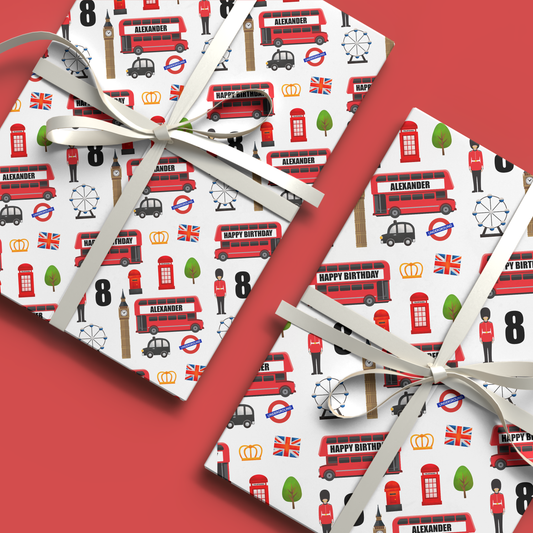 a red double decker bus wrapping paper on a red background