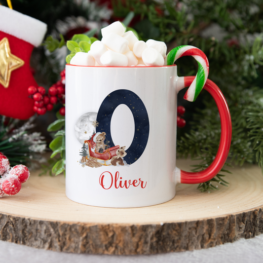 Personalised Christmas Mug, Stocking Filler, Christmas Eve Box, Hot Chocolate Mug, Sleigh Bear Initial
