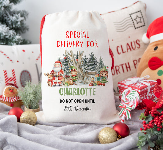 Personalised Christmas Santa Sack For Children Woodland Forest Santa, Elves and Reindeer