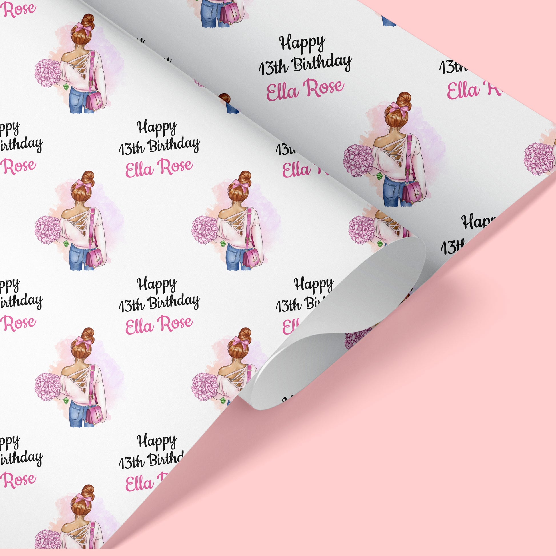 a birthday wrapping paper with a picture of a girl on it