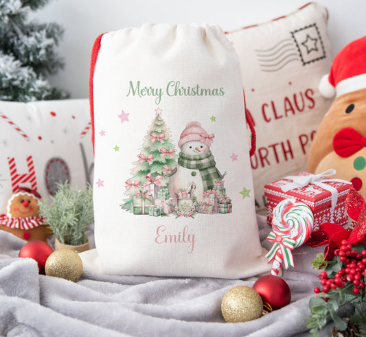 Personalised Christmas Santa Sack For Children Pink Snowman
