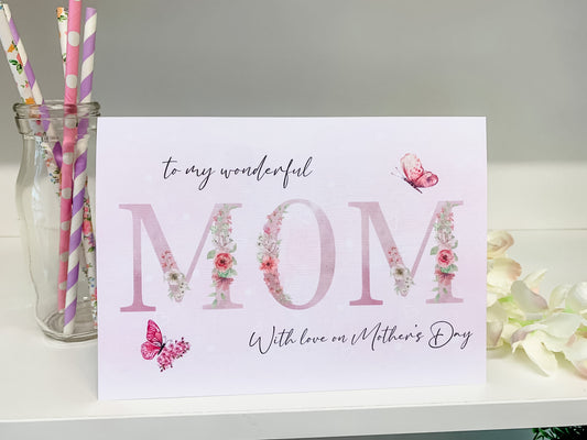 Personalised Mother's Day Card Pink Floral Mam Mom Mum