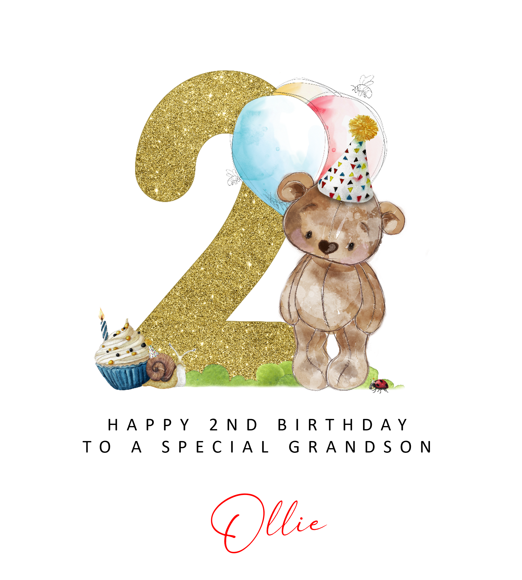 a birthday card with a teddy bear holding a cupcake