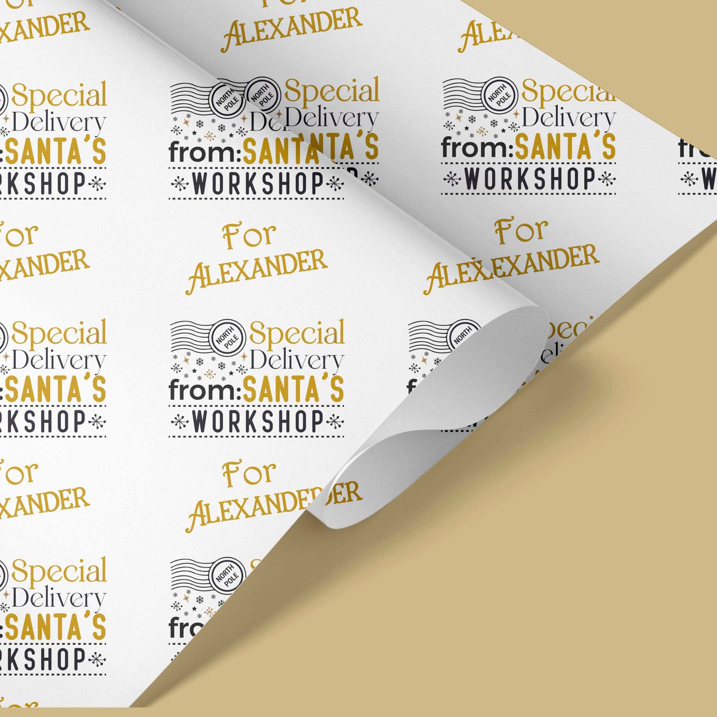 Personalised Christmas Wrapping Paper Special Delivery Santa's Workshop Gold