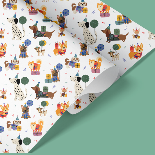 Personalised Birthday Wrapping Paper Cute Dogs Party Hat
