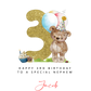 a birthday card with a teddy bear holding a cupcake